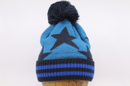 Fiebig knitted muts met pompom Stars Turquoise Zwart en Blauw