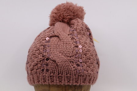 Fiebig knitted kindermuts Pompom en Sequins Oud Roze