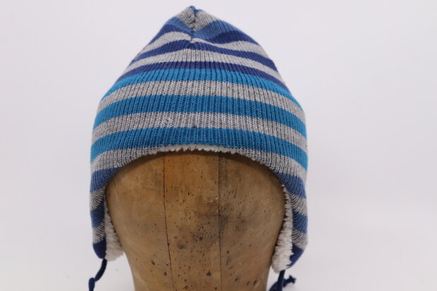 Fibi Kinder Knitted gestreepte Muts Blauw en Grijs