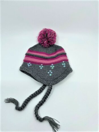 Fibi Kinder Knitted Muts Pompom Grijs en Roze