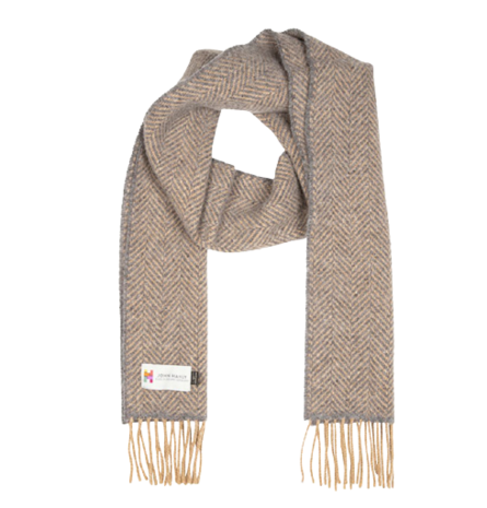 john hanly cashmere merino scarf beige and mid grey herringbone