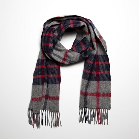 john hanly irish wool scarf short grey navy red check