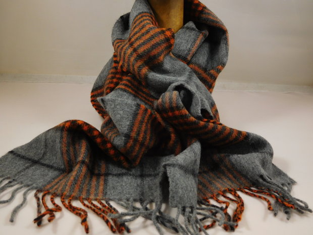 john hanly irish wool scarf long grey orange check