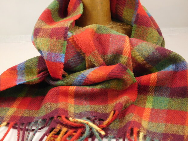 john hanly irish wool scarf short red green yellow check