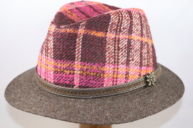 Jos van Dijck Fedora Tweedhoed Plaid Magenta Bruin