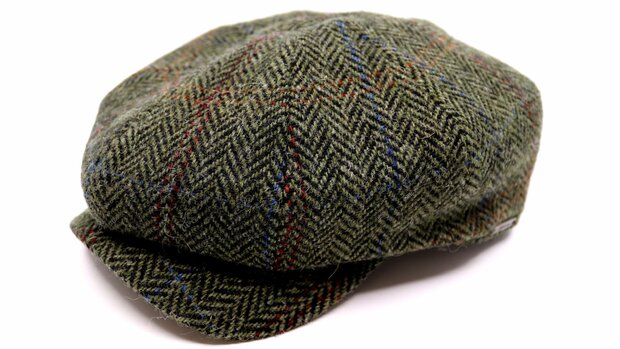 Wigens newsboy retro cap wool herringbone harris tweed hunter green