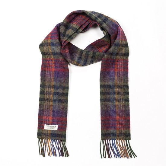 john hanly irish wool scarf long green mustard and purple check