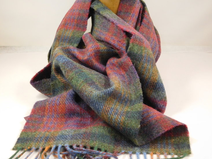 john hanly irish wool scarf long green mustard and purple check