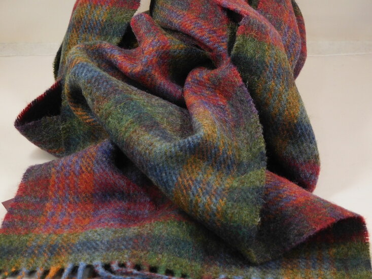 john hanly irish wool scarf long green mustard and purple check