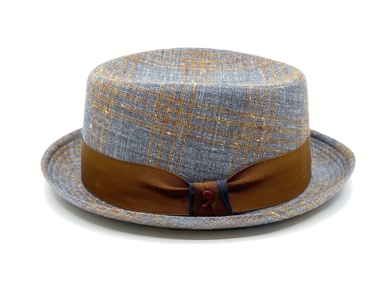 alfonso d este pork pie jazz hoed linnen zijde mix check grijs roest