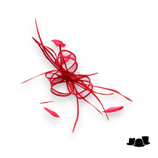 eigen atelier bespoke haarversiering  lussen en multi veren rood 