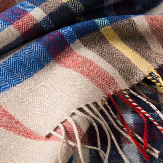 john hanly merino luxury wool scarf blue brown rust stone check