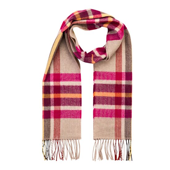 john hanly merino luxury wool scarf pink wine orange stone check 