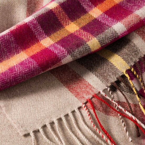 john hanly merino luxury wool scarf pink wine orange stone check 