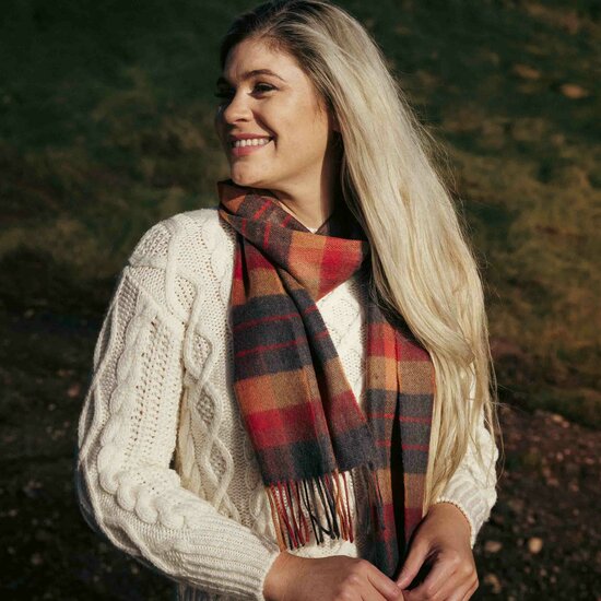 john hanly merino luxury wool scarf orange charcoal plaid