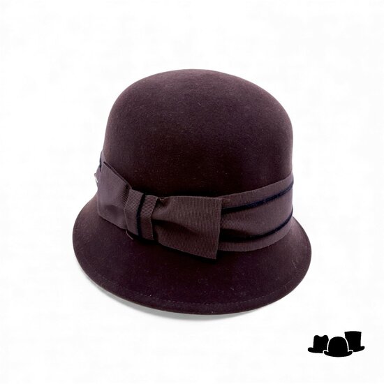 bedacht pot hoed lint met strik damrod bruin