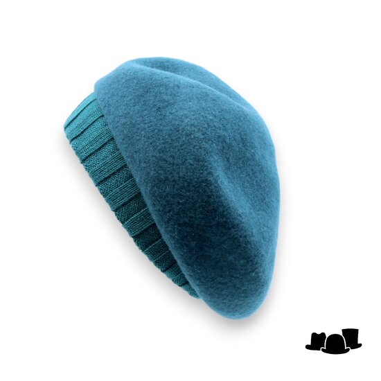 seeberger baret gebreide rand wol petrol