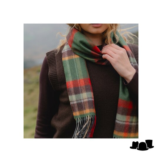john hanly merino luxury wool scarf green rust orange brown check