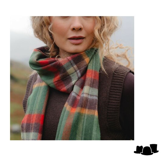 john hanly merino luxury wool scarf green rust orange brown check