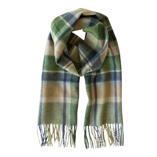 john hanly irish wool scarf short green stone cream denim check