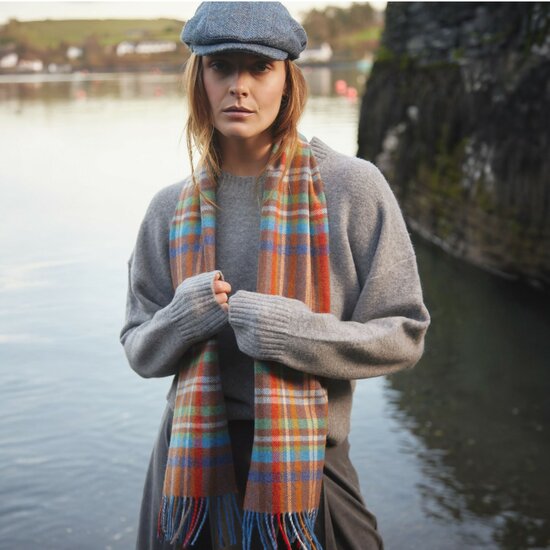 john hanly irish wool scarf short rust orange blue green check