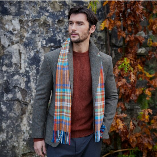 john hanly irish wool scarf short rust orange blue green check