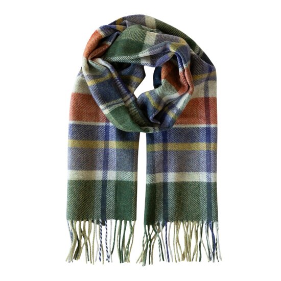 john hanly irish wool scarf short loden green purple rust silver check