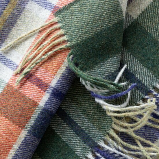 john hanly irish wool scarf short loden green purple rust silver check