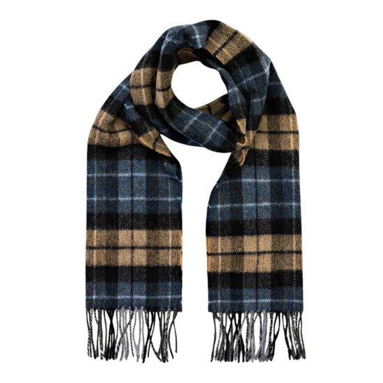 john hanly irish wool scarf short denim blue beige charcoal plaid