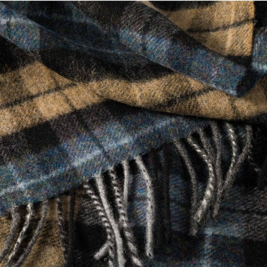 john hanly irish wool scarf short denim blue beige charcoal plaid
