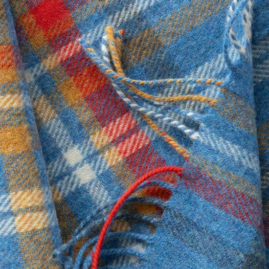 john hanly irish wool scarf short blue red mustard check
