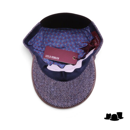 alfonso deste baseball cap wol en leder visgraat grijsblauw en bruin