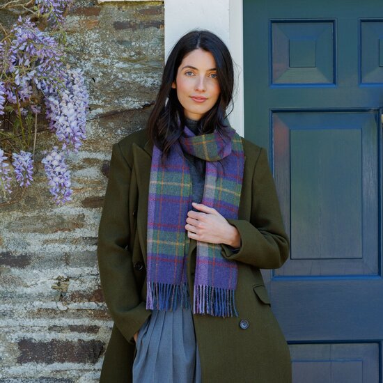 john hanly irish wool scarf long purple green plaid