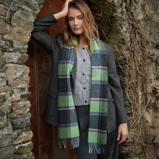 john hanly irish wool scarf long green charcoal multi block check