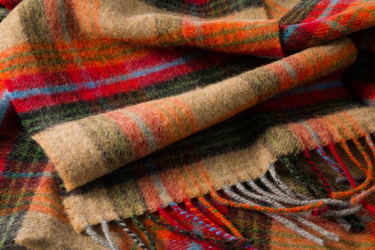 john hanly irish wool scarf long beige orange red charcoal plaid