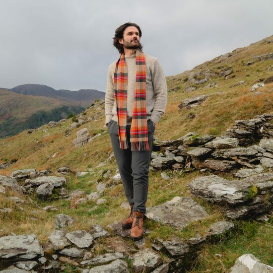 john hanly irish wool scarf long beige orange red charcoal plaid
