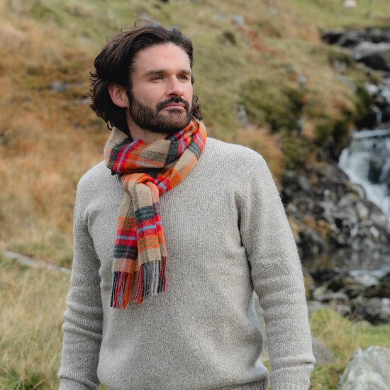 john hanly irish wool scarf long beige orange red charcoal plaid