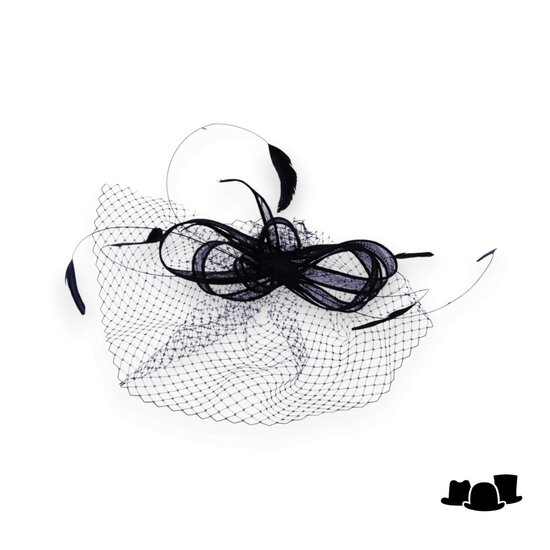 eigen atelier bespoke haarversiering nathalie sinamay veren voile zwart