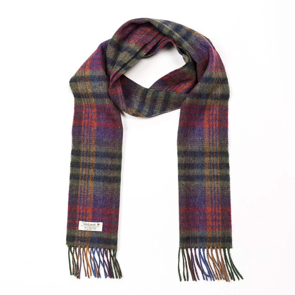 john hanly irish wool scarf long green mustard and purple check