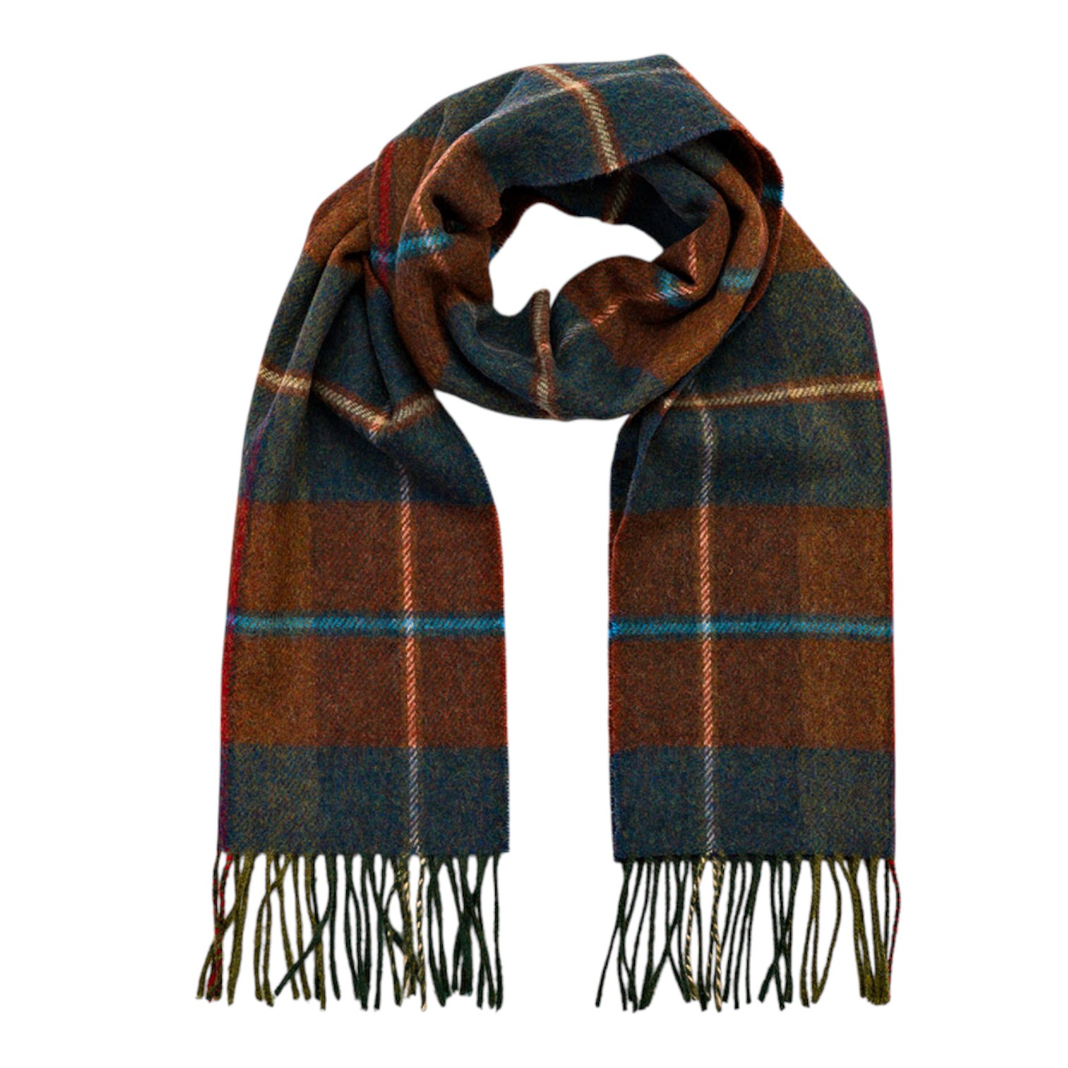 john hanly irish wool scarf short rust brown blue red plaid 