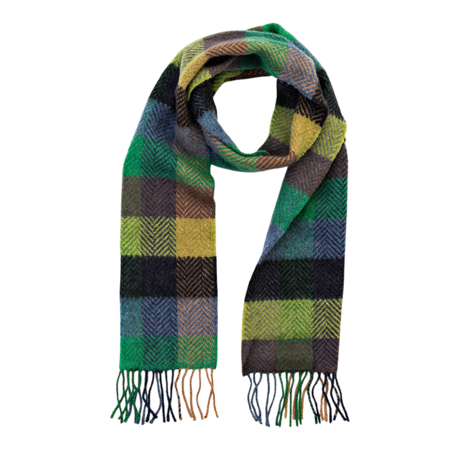 john hanly irish cashmere and merino scarf green denim charcoal herringbone block