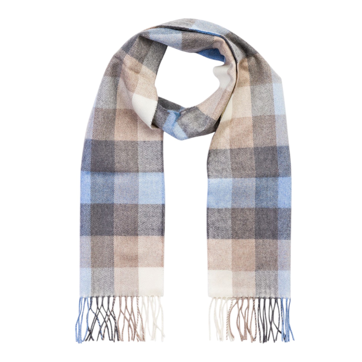 john hanly merino luxury wool scarf blue grey stone white block check