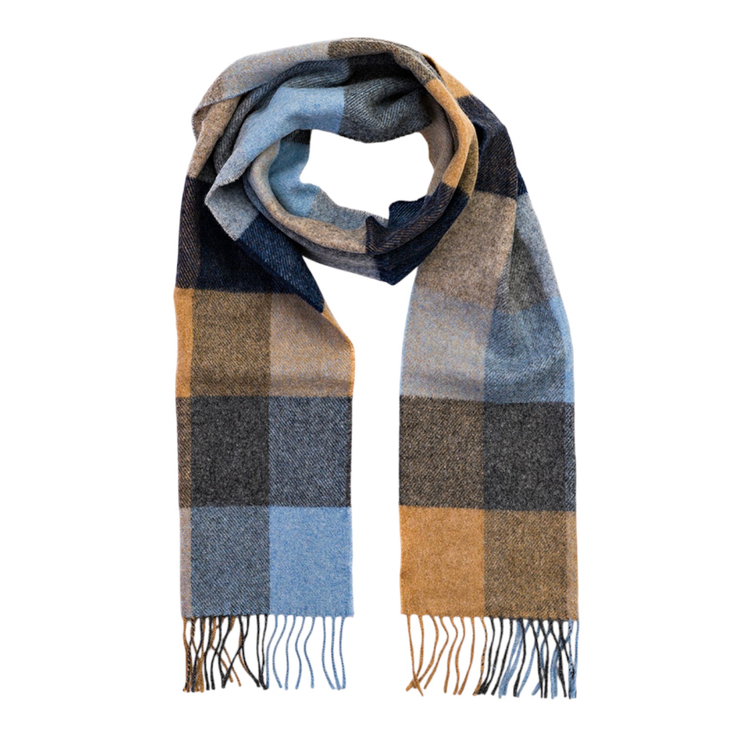 john hanly irish wool scarf long beige grey blue silver navy block check