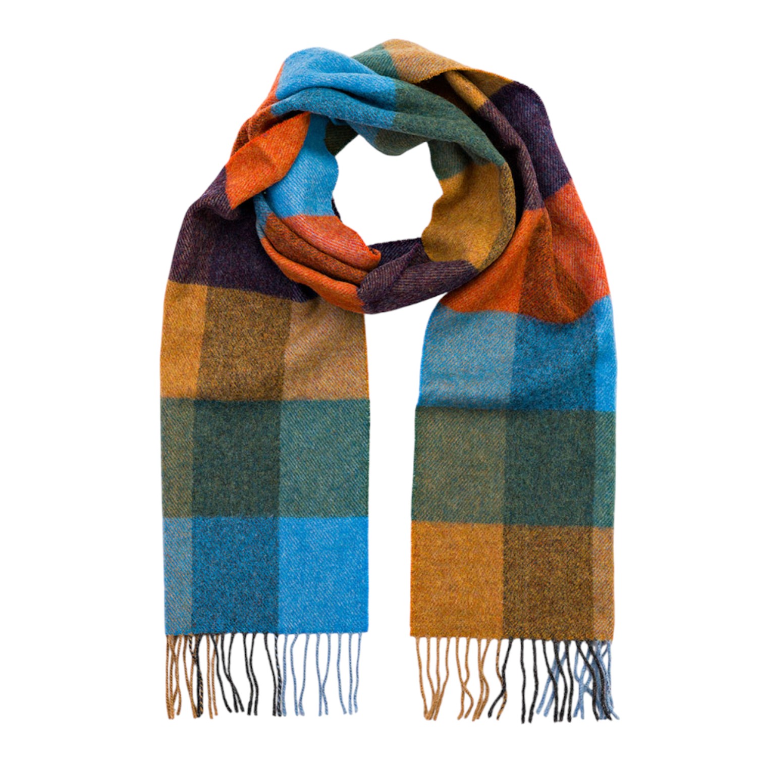 john hanly irish wool scarf long mustard green blue orange blackberry check