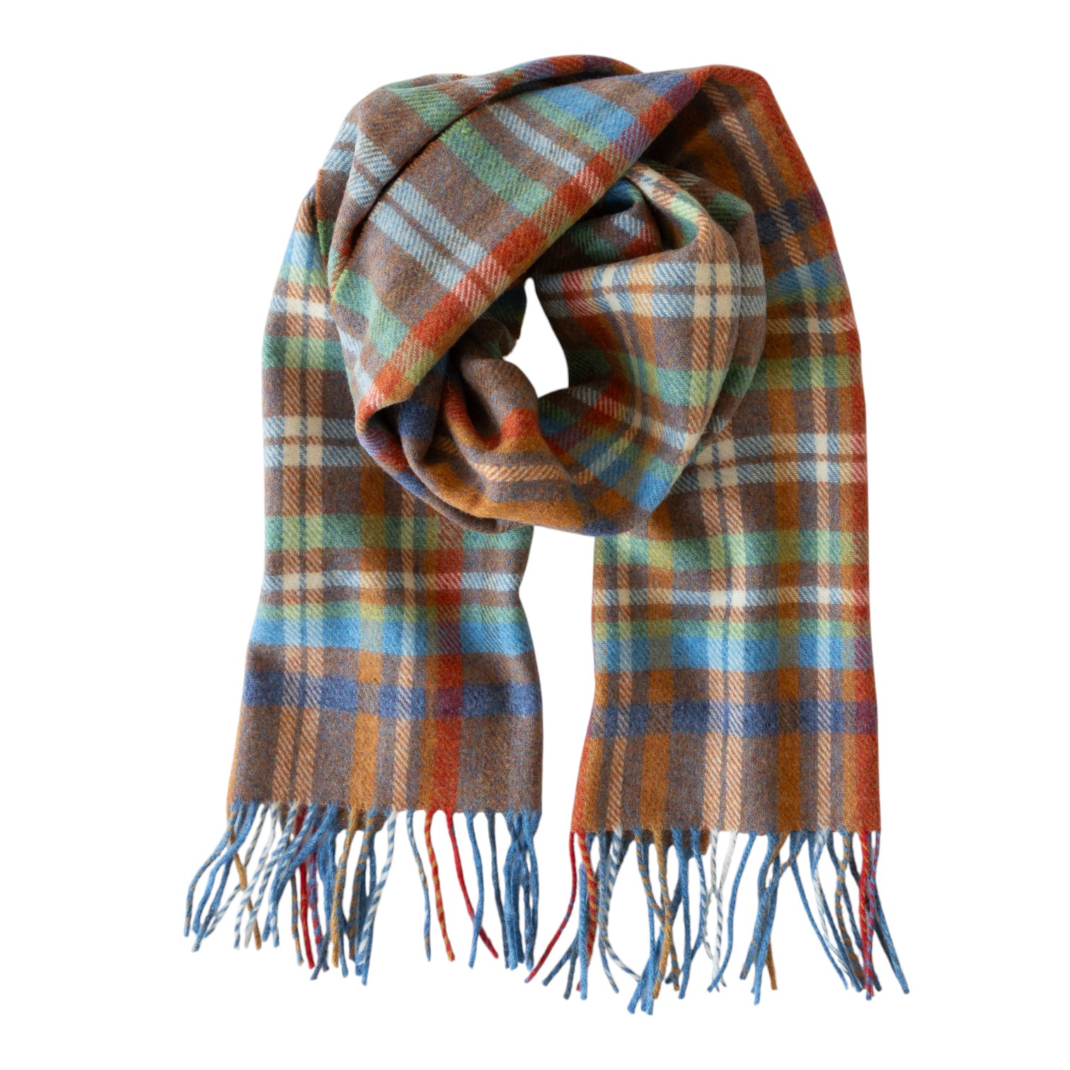 john hanly irish wool scarf short rust orange blue green check