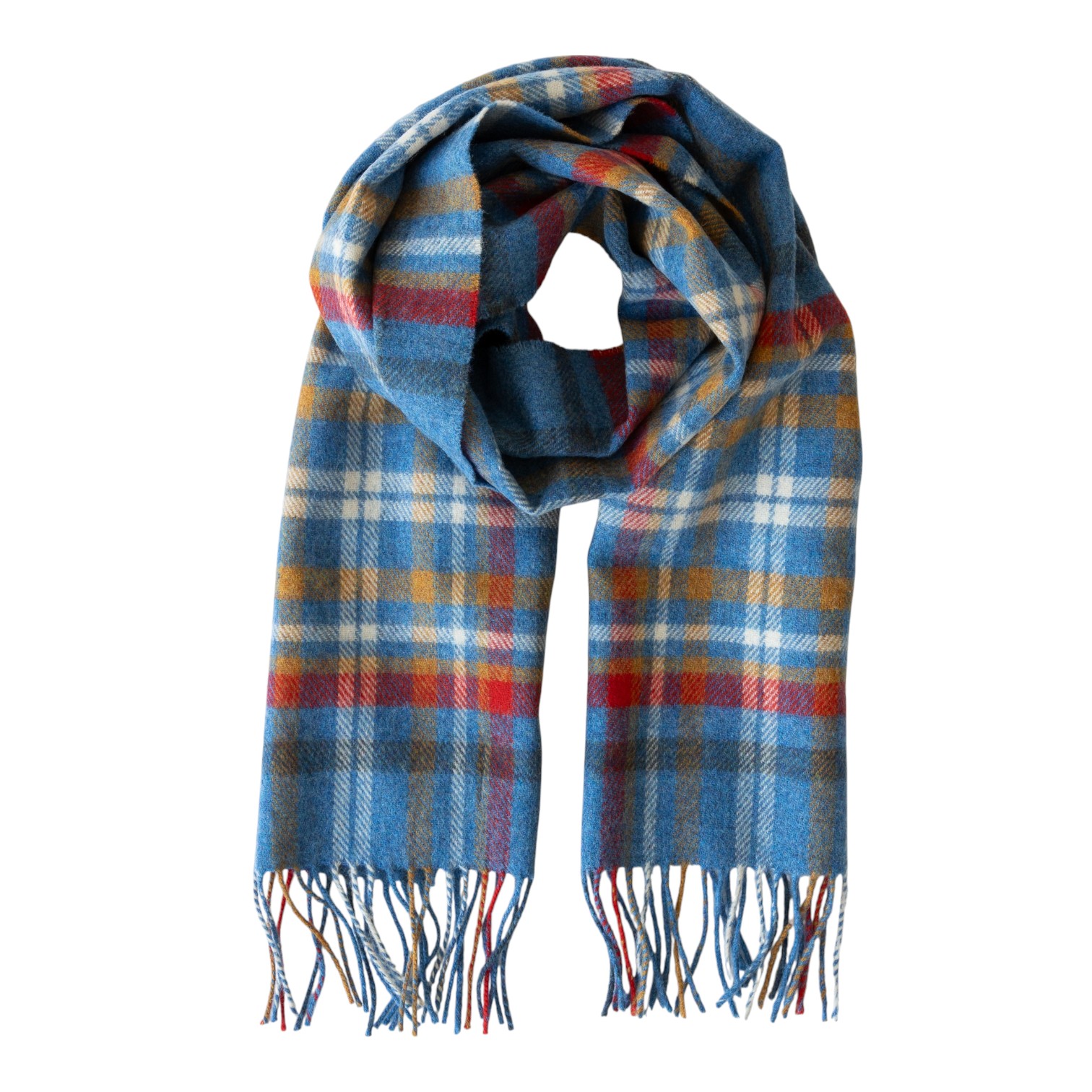 john hanly irish wool scarf short blue red mustard check