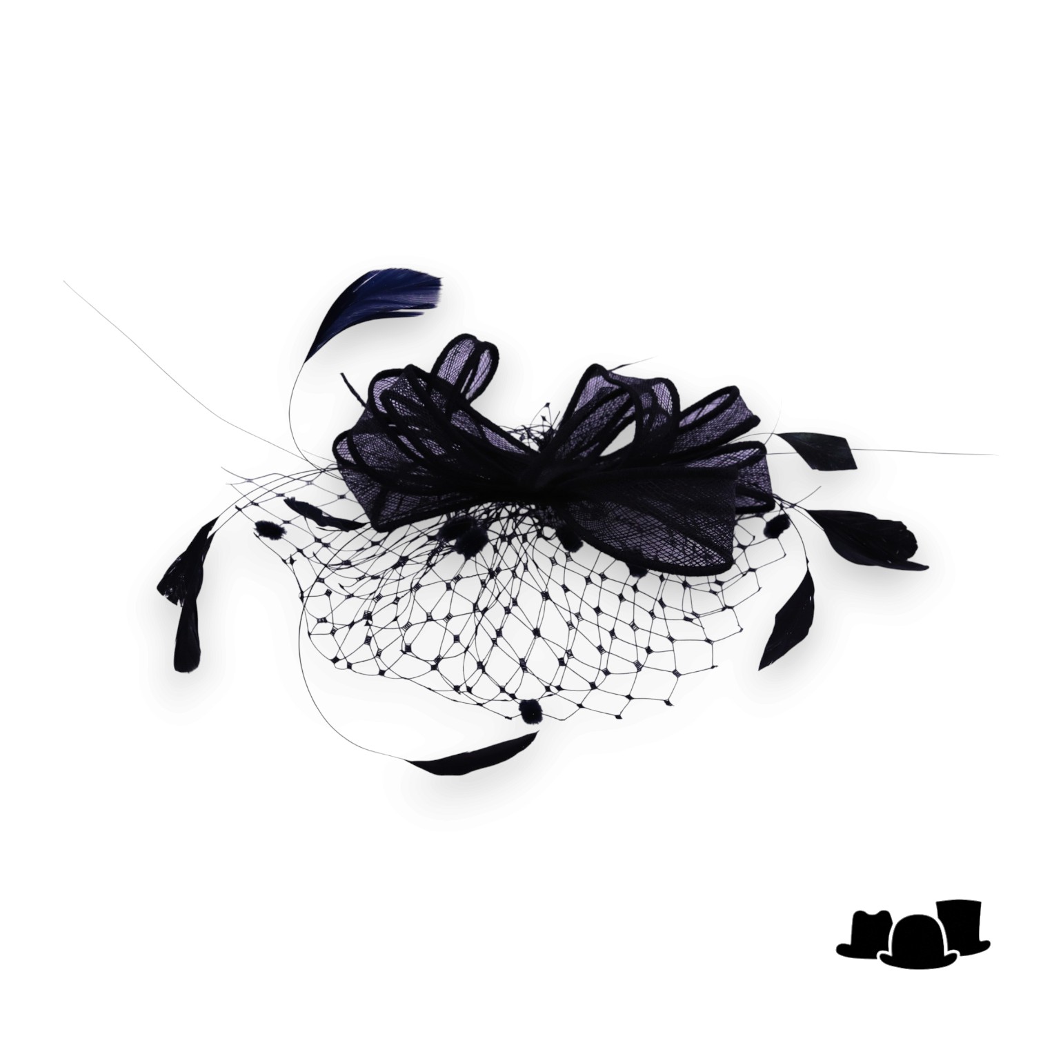 eigen atelier bespoke haarversiering nathalie sinamay veren noppen voile zwart