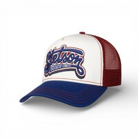 stetson trucker cap logo lettering burgundy blue